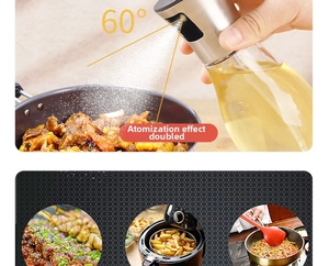 Detail view of glass oil sprayer showing 60-degree wide-angle atomization for cooking