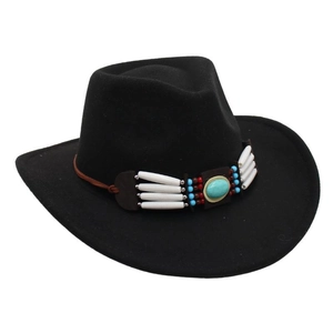 Detail of western cowboy hat featuring ethnic brown leather band with turquoise stone