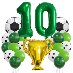 Detail of soccer theme balloon set with number 10, champion trophy and latex balloons