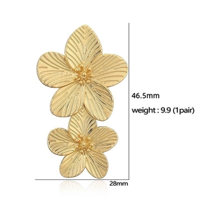 Detail view of gold double-layer petal earrings showing 46.5mm length and 28mm width dimensions