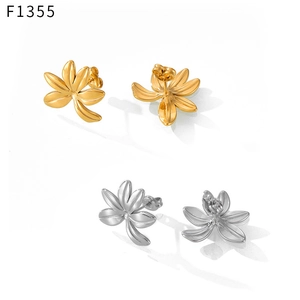 Detail of floral geometric textured stud earrings in polished gold and silver finishes