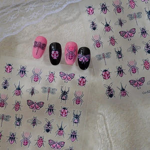 5D pink and black insect nail stickers featuring moths and spiders on stylized nails