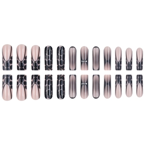 24pcs long coffin press-on nails with black leopard print and rhinestones on nude base