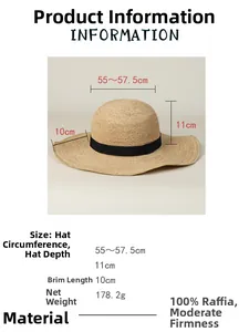 Guide des tailles du chapeau de paille en raphia avec mesures des bords et du tour