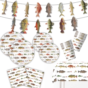 Fishing Theme Party Tableware Set Disposable Paper Plates Napkins Cups Tablecloth Banner Cutlery Fish Illustration Party