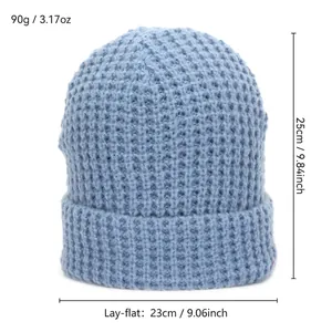 Flat lay of a light blue waffle knit beanie with cuffed brim for autumn and winter