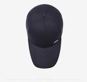 Top view of navy blue baseball cap with China side embroidery and twill fabric texture