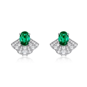 Elegant fan-shaped S925 silver stud earrings with green emerald and sparkling white stones