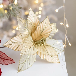 25cm champagne gold Christmas poinsettia flower with glitter for tree decoration