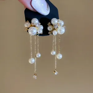 French Vintage Flower Artificial Pearl Cluster Long Tassel Earrings With Silver Earring Post Zircon Gold Plated For Women