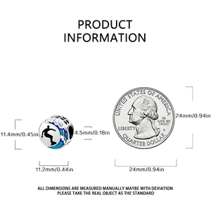 Detail of silver surfer charm bead showing size measurements with a reference coin