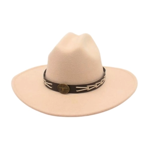 Close-up of beige cowboy hat with brown leather band and vintage bronze bull head buckle