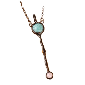 Vintage bronze branch necklace featuring amazonite and rose quartz stone pendants