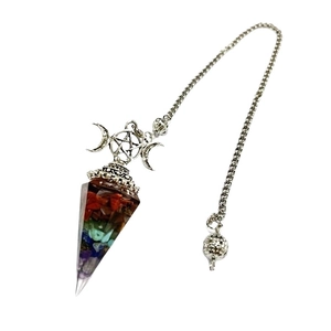Hexagonal 7 Chakra natural crystal chips pendant with pentagram and moon metal charms