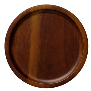 Minimalist round wooden serving tray with natural wood grain for coffee and dessert