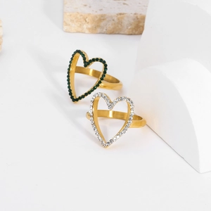 Minimalist 18K gold-plated stainless steel heart rings with green and white zircon stones