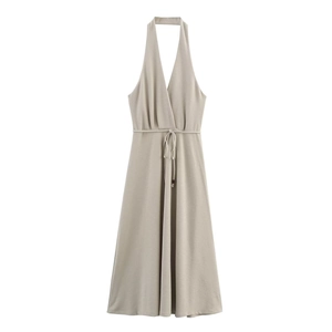 Sleeveless halter neck deep V-neck midi dress with drawstring waist in taupe beige