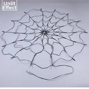 Spider web LED light string detail with USB interface and black cable unlit view