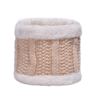 Winter knitted neck warmer with soft white faux fur lining in beige and light coffee tones