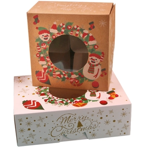 Christmas paper cupcake boxes with window featuring festive snowman and wreath patterns
