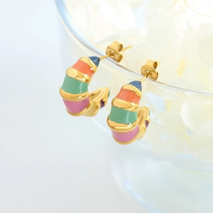 Colorful striped enamel C-shaped earrings displayed on a glass bowl with dried flowers