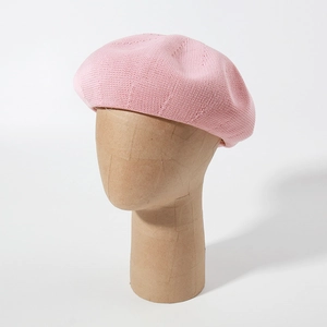 Breathable pink knitted linen beret hat for women in a classic minimalist style
