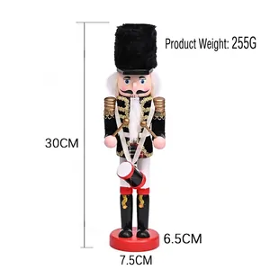 30cm traditional wooden Nutcracker drummer figure in black uniform with dimensions detail