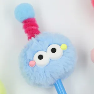 Cute sky blue fluffy monster ballpoint pen with funny big eyes and pink spiral antenna