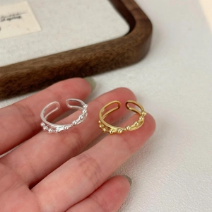 Minimalist double layer sterling silver open ring with beaded design in gold and silver