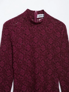 Detail of wine red lace high neck dress with back zipper and brand size label