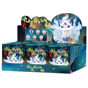 Nine-Tailed Fox mythological figure blind box display set with mystical blue gradient style