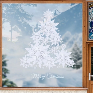 Adesivo per vetri con albero di Natale a fiocchi bianchi e testo Merry Christmas decorativo