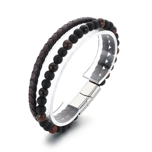 Men's double layer hand-woven leather bracelet with tiger eye and agate stone beads