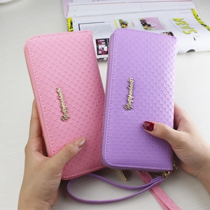 Women's long zipper wallet in pink and purple crosshatch leather with wristlet strap