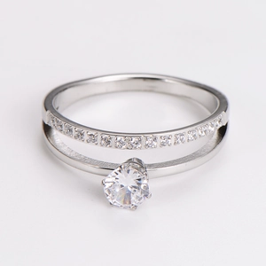 Detail view of double-layer stainless steel ring with micro-pave cubic zirconia stones