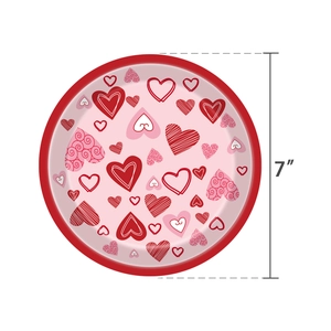 7-inch Valentine's Day paper plates with red and pink heart patterns for party decor