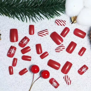Christmas red candy stripe and snowflake press-on nails set in short square shape