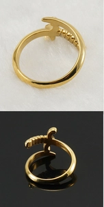 Detailed close-up of 18K gold plated stainless steel sword ring on black and white textures