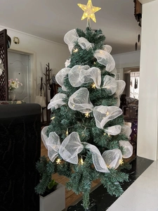 Close-up of a lit Christmas tree with white mesh ribbon decor and a glowing star topper