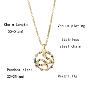 Detail of colorful zircon snake pendant with stainless steel chain and product dimensions
