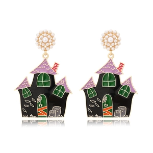 Halloween Haunted House Dangle Earrings Alloy Enamel Faux Artificial Pearl Novelty Ghost House Grave Jewelry For Women Girls