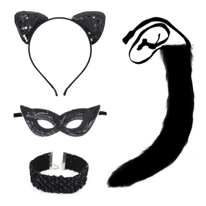Black sequin cat cosplay set with ears headband, eye mask, collar and plush tail accessory
