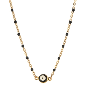 Close-up of golden stainless steel evil eye necklace with decorative black beads