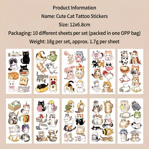 Set of 10 waterproof temporary cat tattoos for kids featuring cute watercolor designs