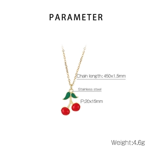 Detail showing red cherry pendant specs in stainless steel with 450mm gold chain