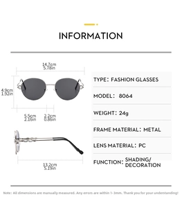 Detailed dimensions of silver metal round frame sunglasses with rhinestone details