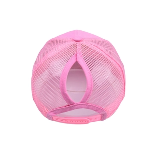 Pink breathable mesh ponytail baseball cap featuring a rear opening and adjustable strap