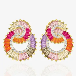 Interlocking Double Hoop Stud Earrings With 925 Sterling Silver Earring Post Colorful Rainbow Zircon Jewelry Women