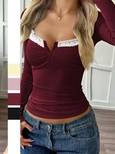 T-shirt Femme Ajusté À Manches Longues Tricot Côtelé Col V Bordure Dentelle Boutons Décoratifs Style Y2K Top Sexy