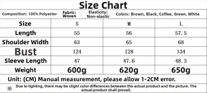 Detailed size chart for faux shearling jacket with polyester fabric measurements